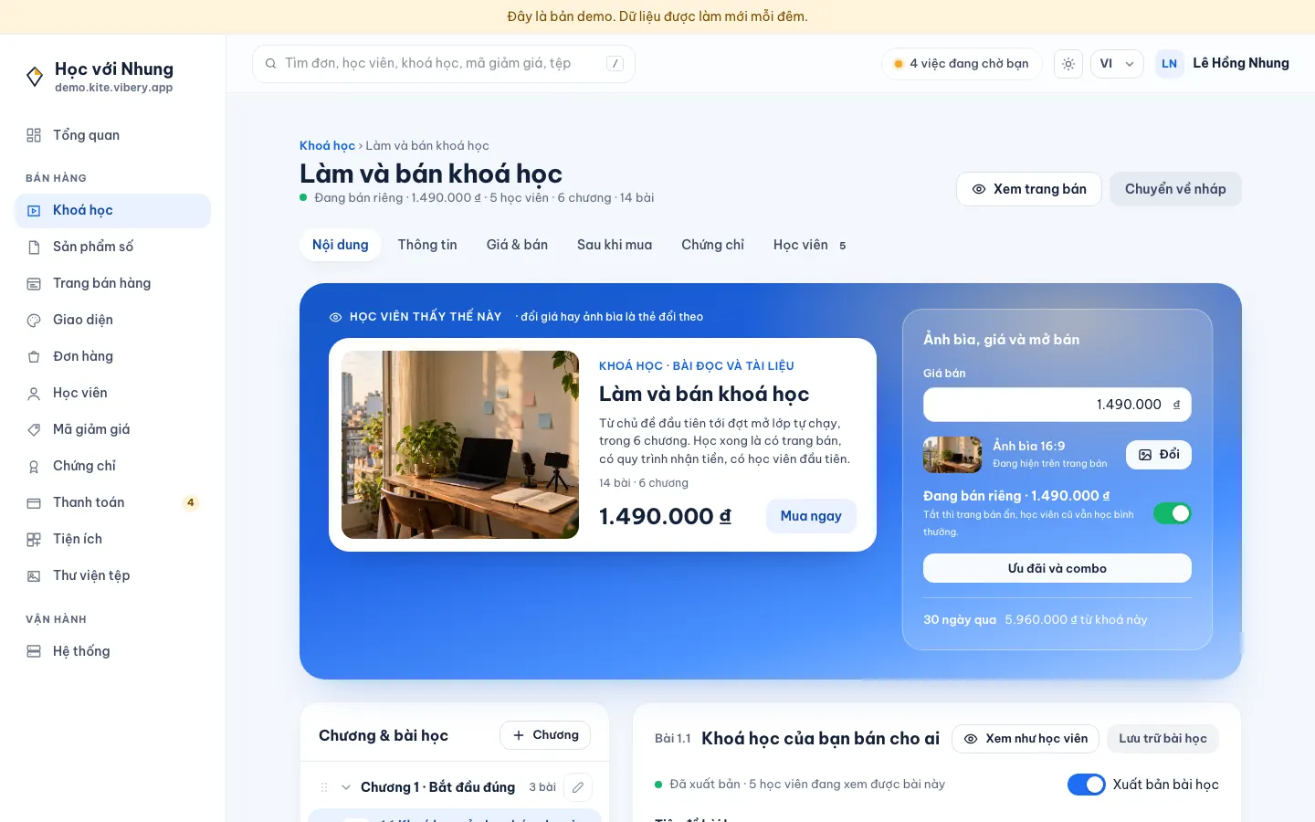Màn hình soạn khoá học Làm và bán khoá học: thẻ khoá học như học viên thấy, giá bán và công tắc đang bán, bên dưới là chương, bài và bài đang chọn