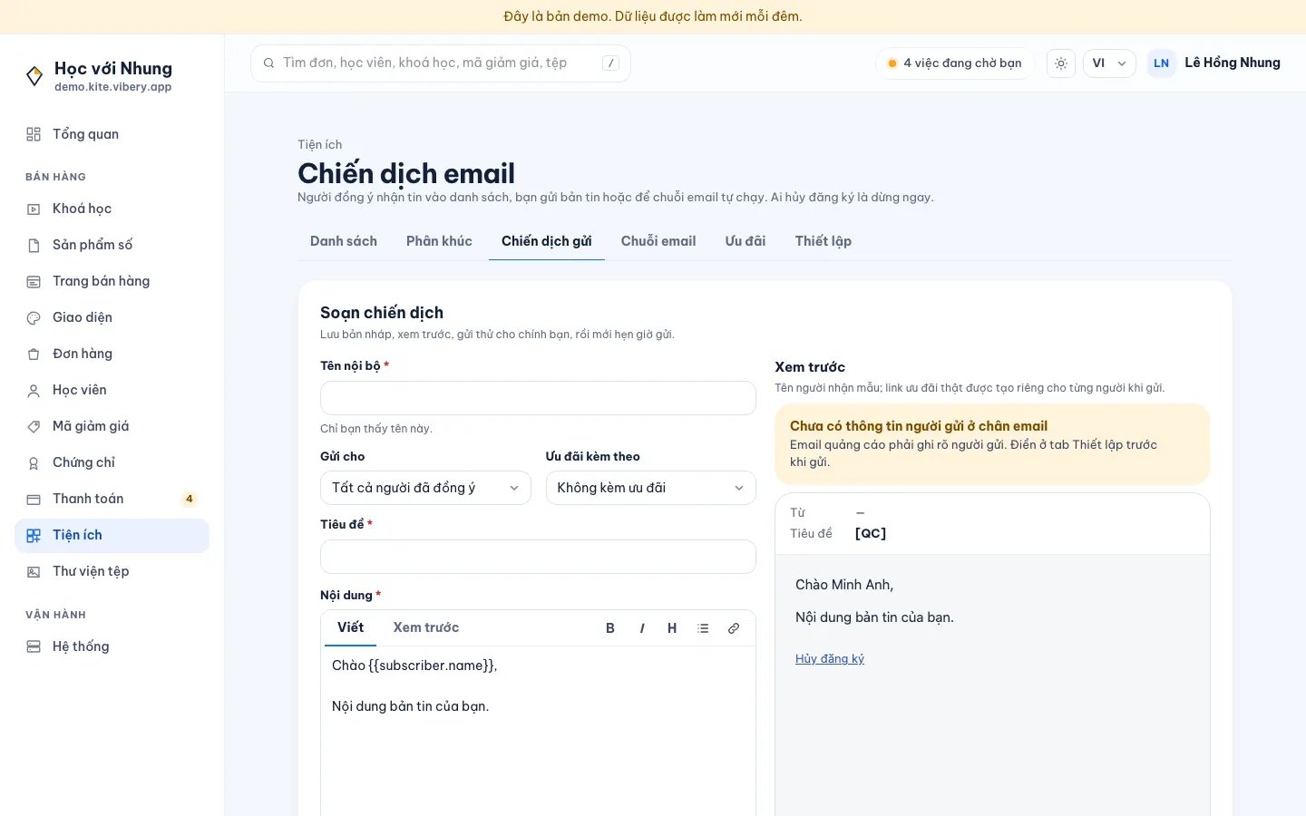 Màn hình soạn chiến dịch email: người nhận, ưu đãi kèm theo, nội dung bên trái, bản xem trước bên phải