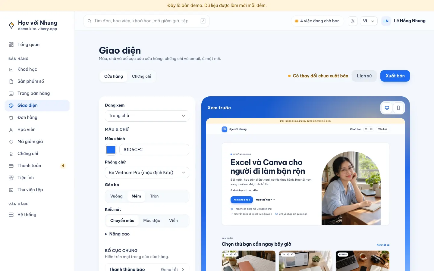 Mục Giao diện trên cửa hàng demo: màu chính, phông chữ, góc bo và kiểu nút bên trái, xem trước trang chủ cửa hàng bên phải