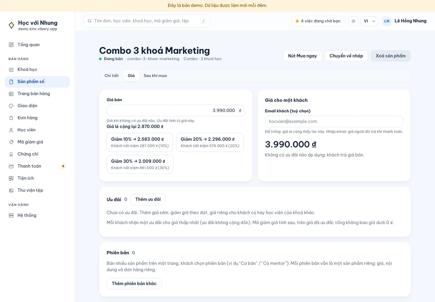 Tab Giá của sản phẩm Combo 3 khoá Marketing: giá bán 3.990.000 đồng, giá lẻ cộng lại 2.870.000 đồng, các mức giảm 10, 20 và 30 phần trăm kèm số tiền khách tiết kiệm, ô xem giá cho một khách, và hai mục Ưu đãi và Phiên bản đang trống