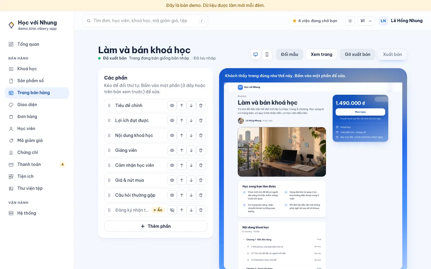 Màn hình soạn trang bán khoá học: danh sách các phần với nút ẩn hiện, đổi thứ tự và xoá bên trái, phần xem trước trực tiếp bên phải