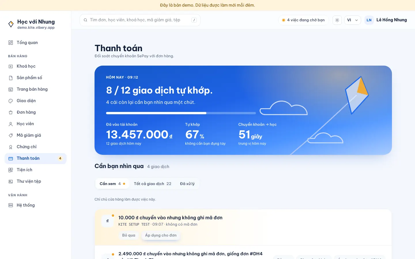 Trang Thanh toán trên cửa hàng demo: 8 trên 12 giao dịch tự khớp, 4 khoản cần xem gồm chuyển thiếu và chuyển không khớp đơn