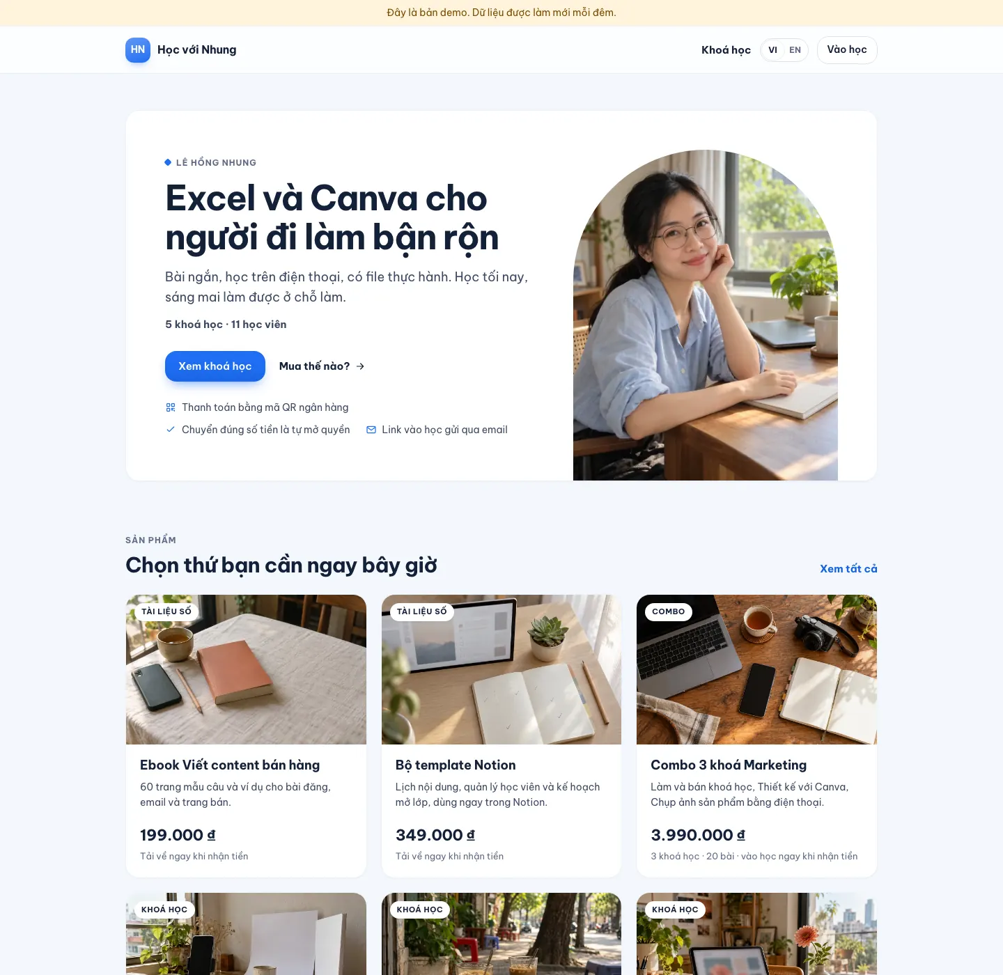Trang chủ cửa hàng demo Học với Nhung: lời giới thiệu và ảnh người bán, lưới khoá học và sản phẩm có ảnh bìa, ba bước mua hàng