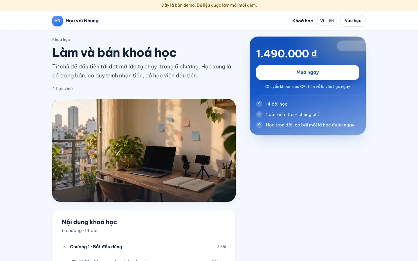 Trang khoá học Làm và bán khoá học trên cửa hàng demo: giá, nút Mua ngay, số bài học và nội dung khoá
