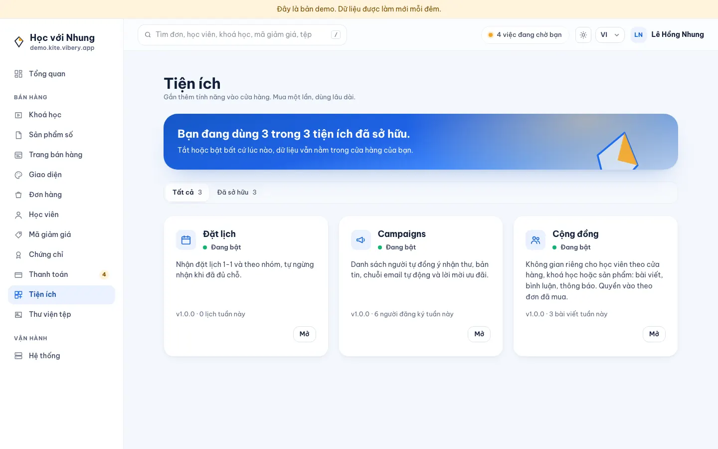 Trang Tiện ích trên cửa hàng demo: Đặt lịch, Campaigns và Cộng đồng đang bật