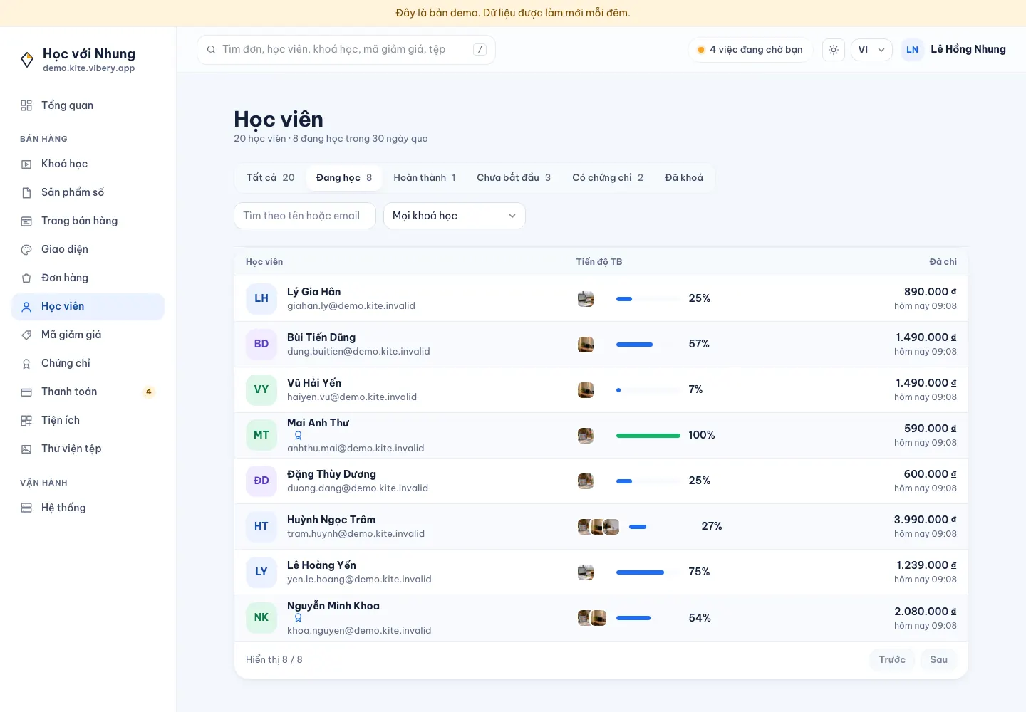 Màn hình Học viên trên cửa hàng demo của Kite: danh sách học viên đang học với tiến độ trung bình và số tiền đã chi; kèm theo là trang riêng của một học viên với số tiền đã chi, khoá đang học, chứng chỉ, hoạt động gần đây và bài kiểm tra